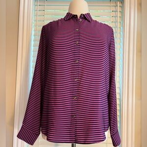 EUC - Banana Republic 100% Silk Navy & Pink striped button down shirt, size XL